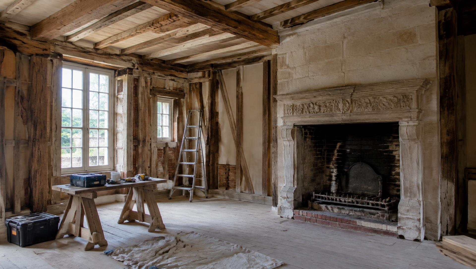 Historic interior under careful restoration with timber framing and a limestone fireplace