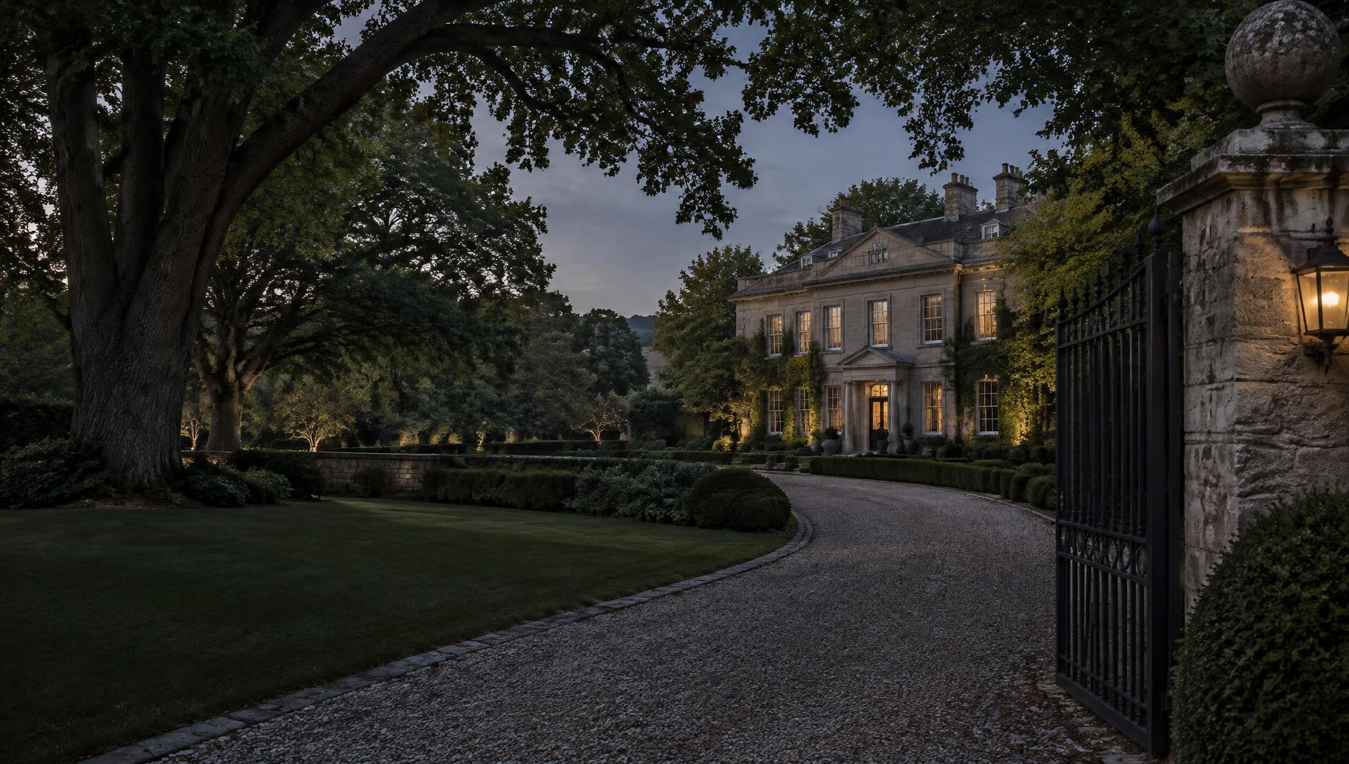Historic limestone estate at dusk, seen past an iron gate along a tree-lined gravel drive